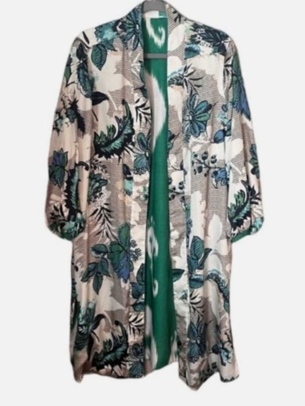 Chico's Emerald Floral Ikat Reversible Kimono/Duster size 3 US L 16